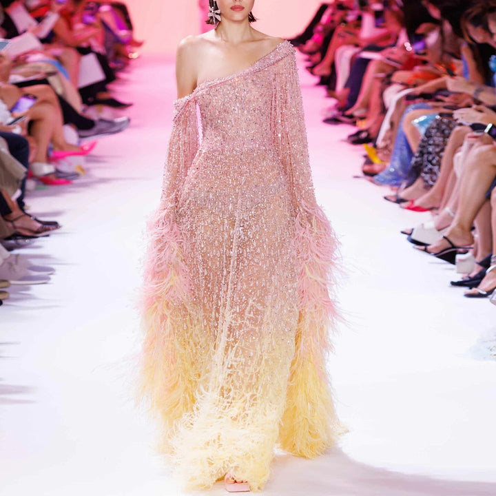 Feather One Shoulder Evening Dresses with Cape Sleeves SS438