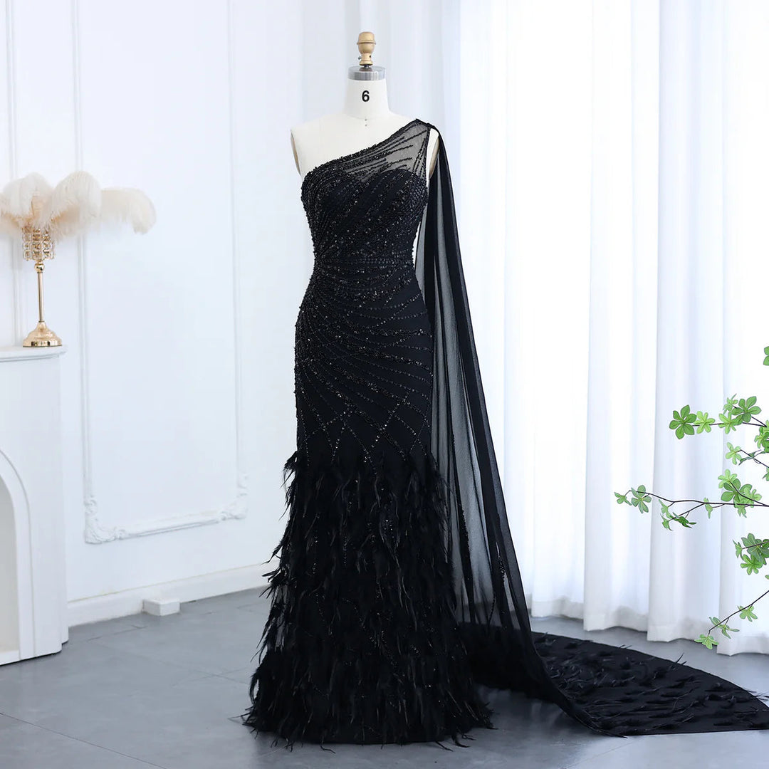 Feather Turquoise Aqua One Shoulder Mermaid Evening Dress with Cape SS DreamyVow Feather Turquoise Aqua One Shoulder Mermaid Evening Dress with Cape SS DreamyVow