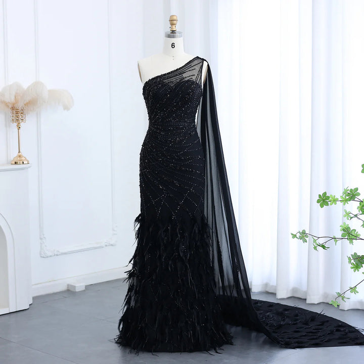 Feather Turquoise Aqua One Shoulder Mermaid Evening Dress with Cape SS498