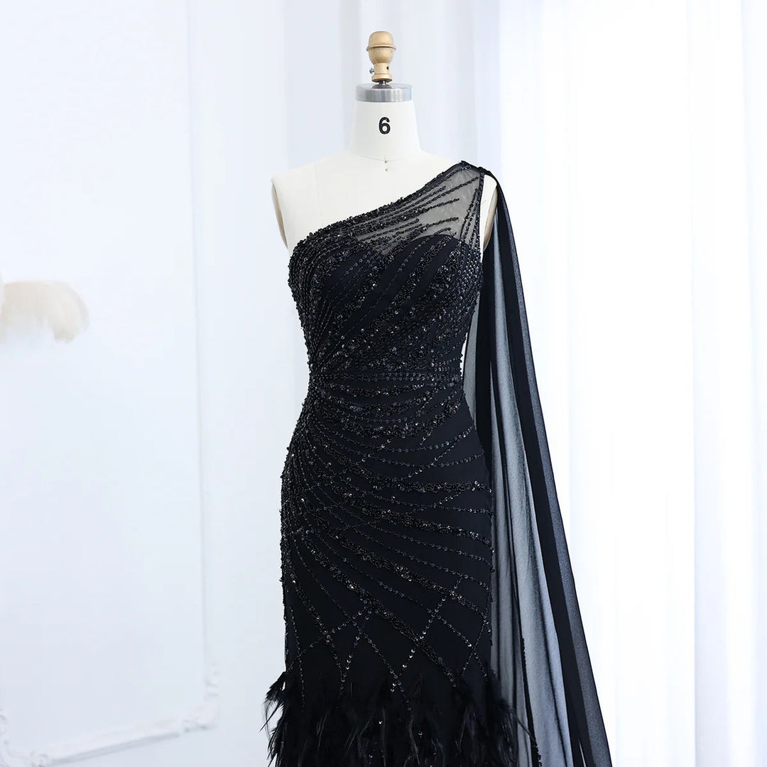 Feather Turquoise Aqua One Shoulder Mermaid Evening Dress with Cape SS498
