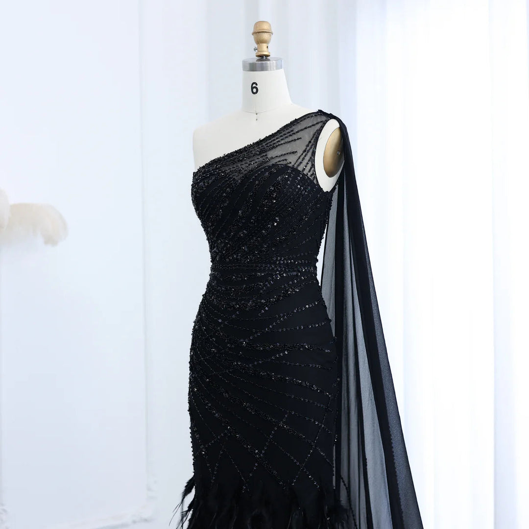 Feather Turquoise Aqua One Shoulder Mermaid Evening Dress with Cape SS DreamyVow Feather Turquoise Aqua One Shoulder Mermaid Evening Dress with Cape SS DreamyVow
