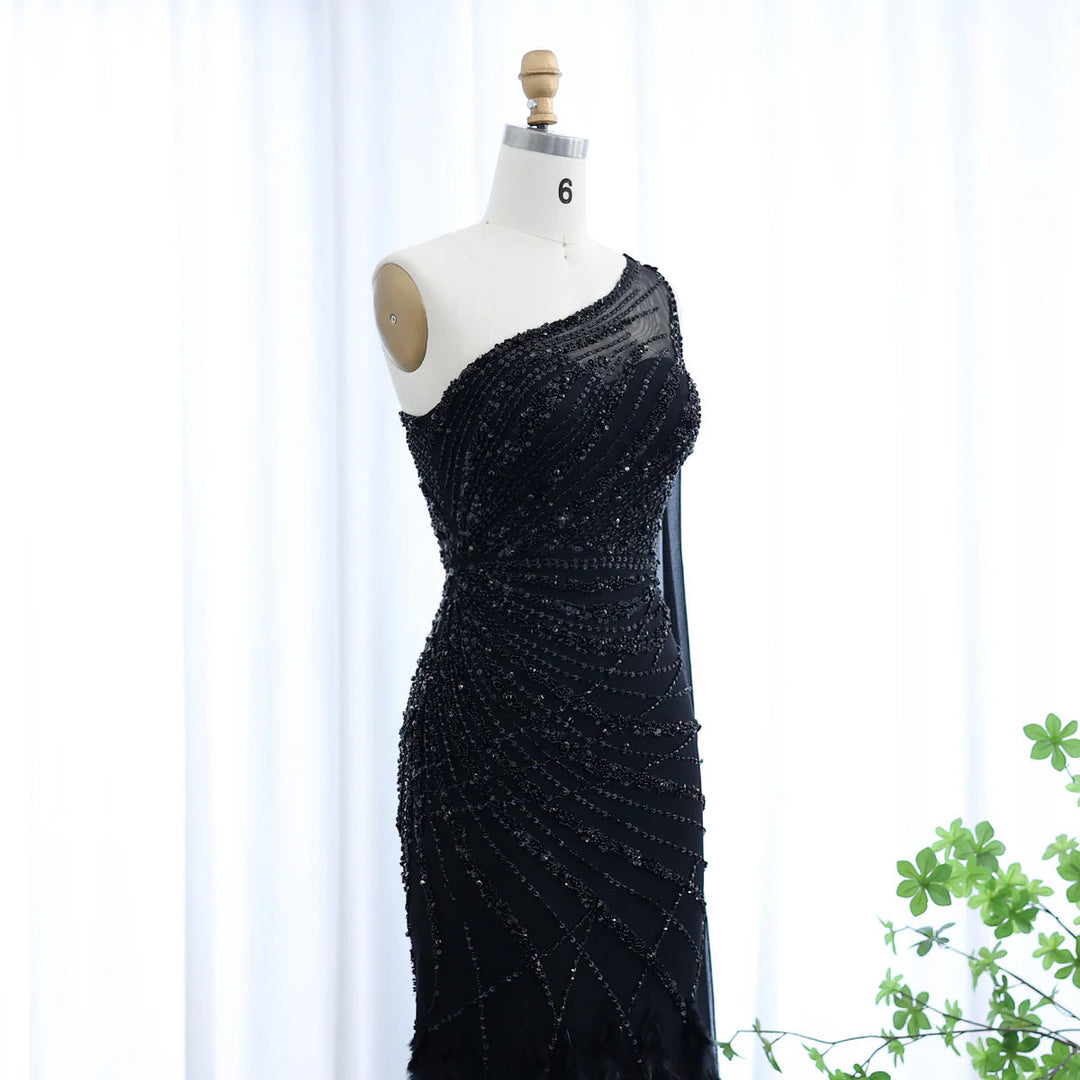 Feather Turquoise Aqua One Shoulder Mermaid Evening Dress with Cape SS498