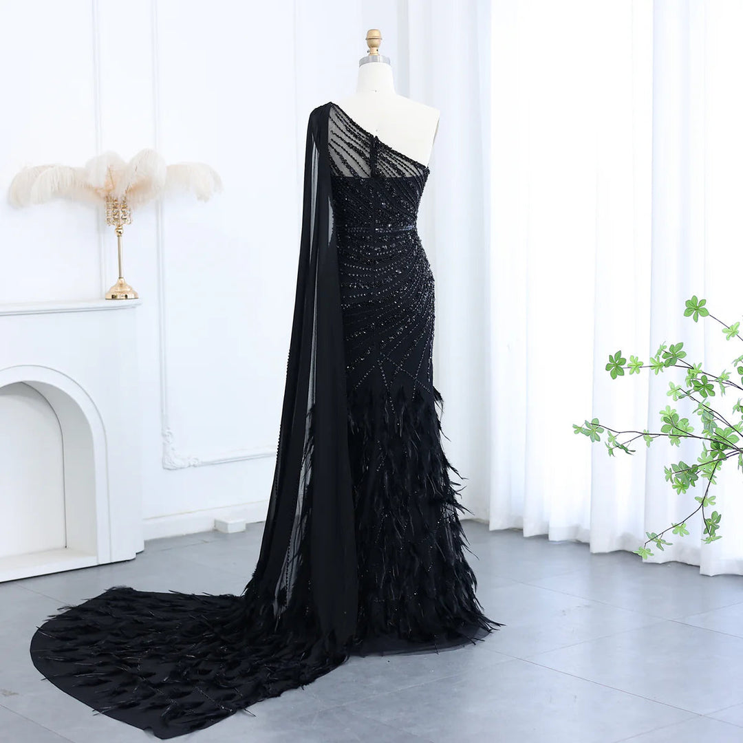 one shoulder feather dress Feather Turquoise Aqua One Shoulder Mermaid Evening Dress with Cape SS –  DreamyVow