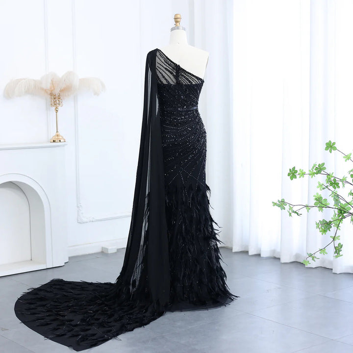 Feather Turquoise Aqua One Shoulder Mermaid Evening Dress with Cape SS498