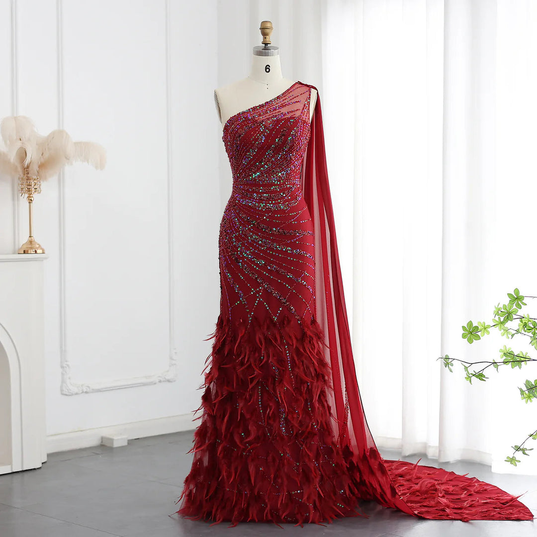 Feather Turquoise Aqua One Shoulder Mermaid Evening Dress with Cape SS   DreamyVow