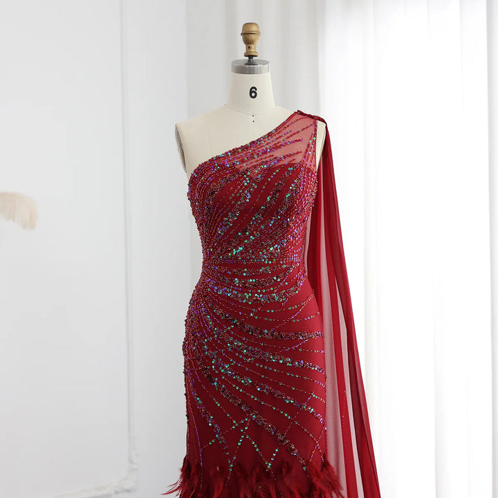 Feather Turquoise Aqua One Shoulder Mermaid Evening Dress with Cape SS498