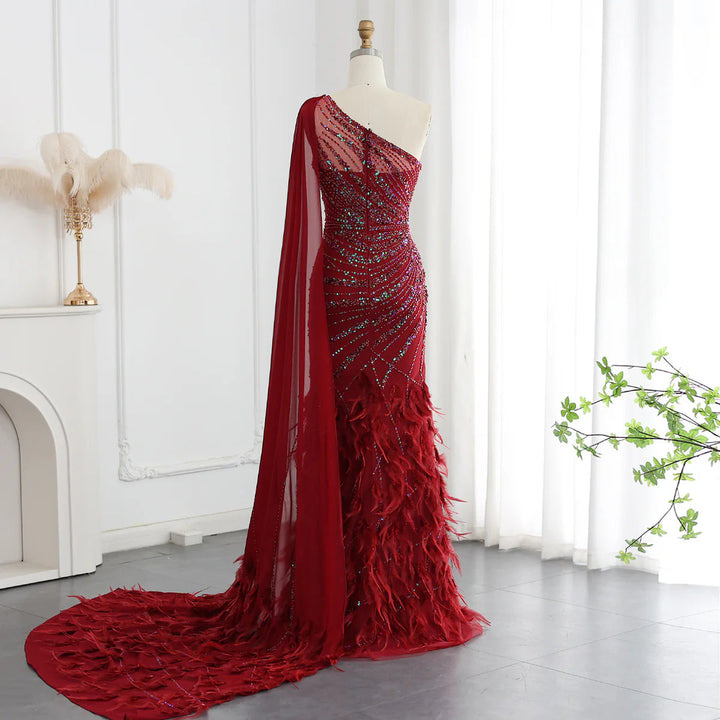 Feather Turquoise Aqua One Shoulder Mermaid Evening Dress with Cape SS498