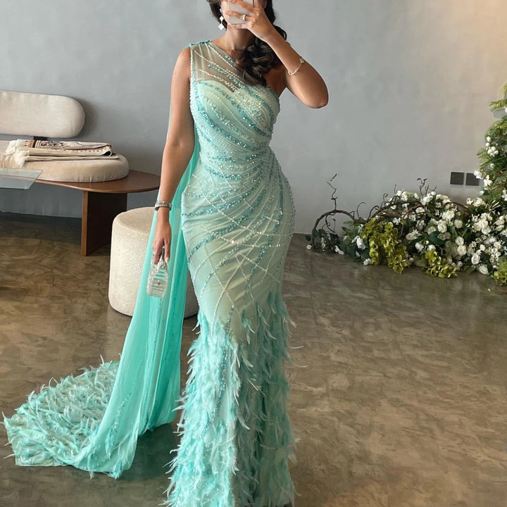 Feather Turquoise Aqua One Shoulder Mermaid Evening Dress with Cape SS498