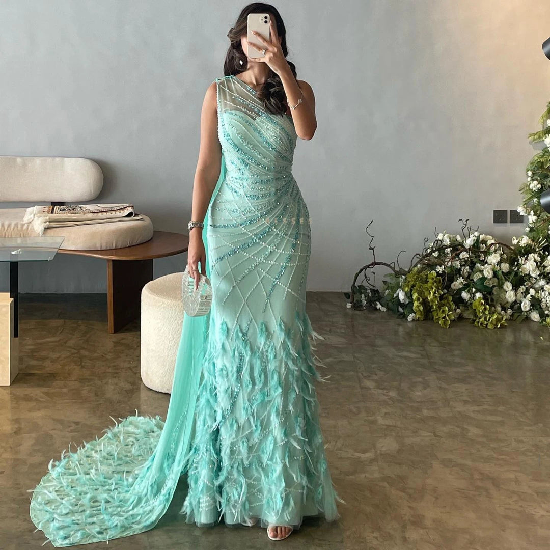 Feather Turquoise Aqua One Shoulder Mermaid Evening Dress with Cape SS498