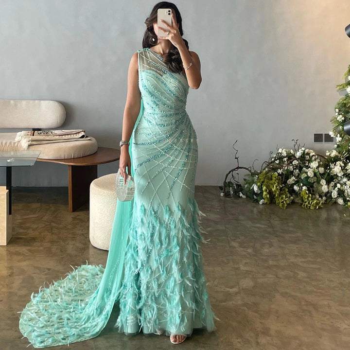 Feather Turquoise Aqua One Shoulder Mermaid Evening Dress with Cape SS498