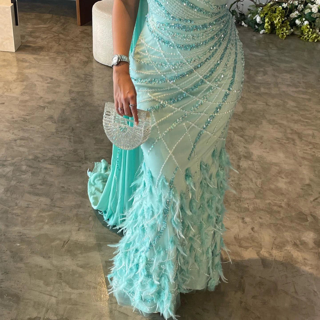 Feather Turquoise Aqua One Shoulder Mermaid Evening Dress with Cape SS498