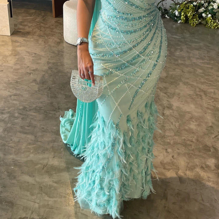Feather Turquoise Aqua One Shoulder Mermaid Evening Dress with Cape SS498
