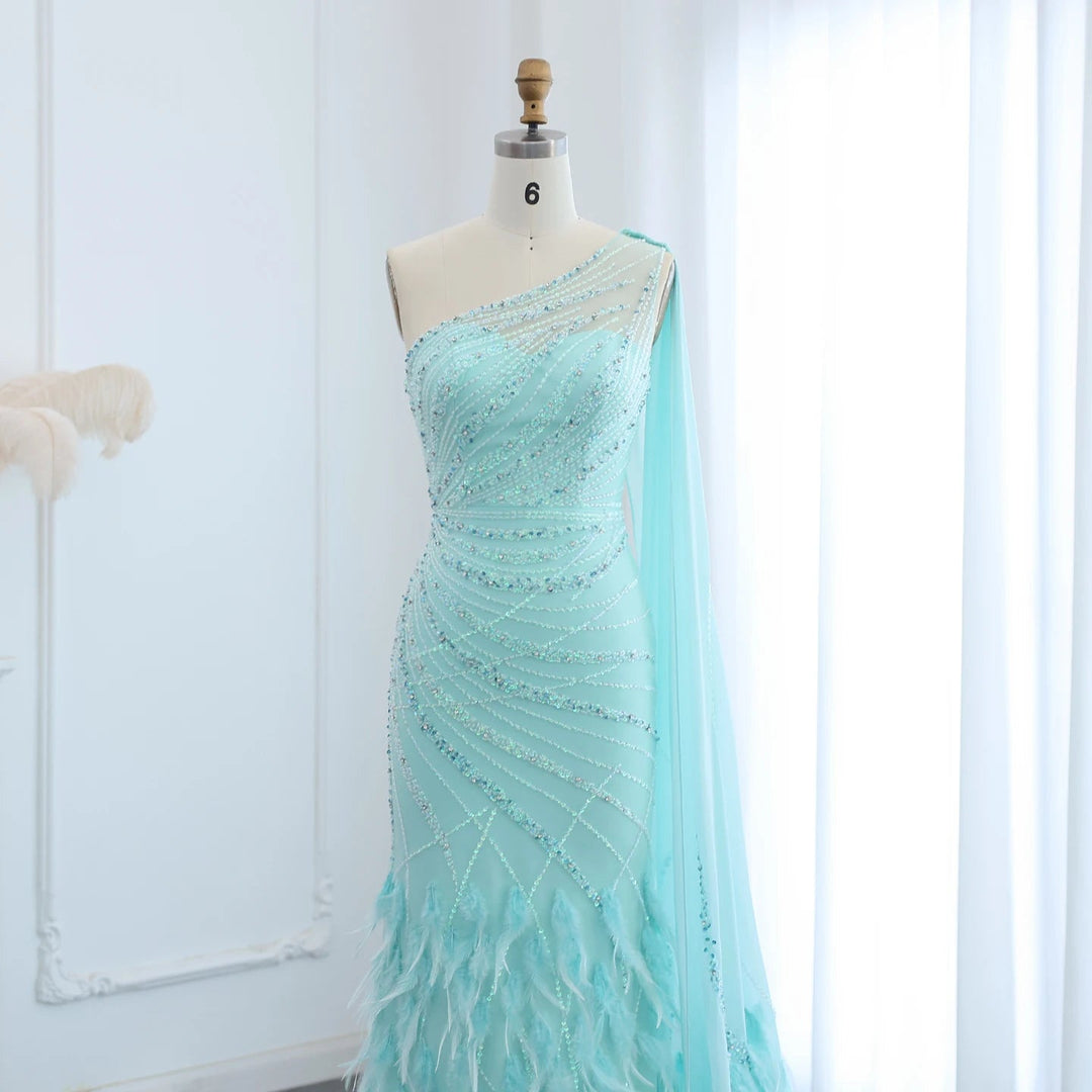 Feather Turquoise Aqua One Shoulder Mermaid Evening Dress with Cape SS498