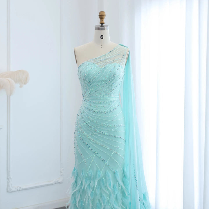 Feather Turquoise Aqua One Shoulder Mermaid Evening Dress with Cape SS498