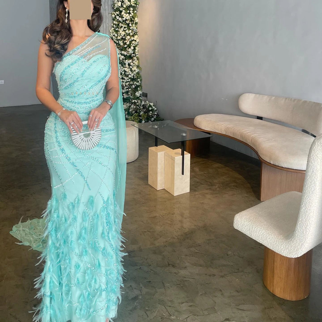 Feather Turquoise Aqua One Shoulder Mermaid Evening Dress with Cape SS498