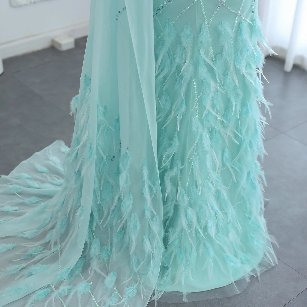 Feather Turquoise Aqua One Shoulder Mermaid Evening Dress with Cape SS498