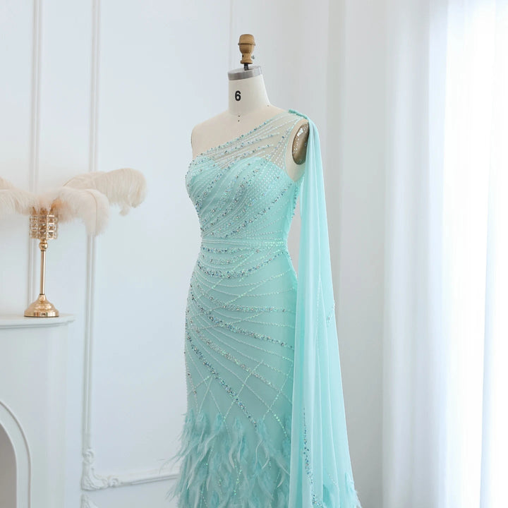 Feather Turquoise Aqua One Shoulder Mermaid Evening Dress with Cape SS498
