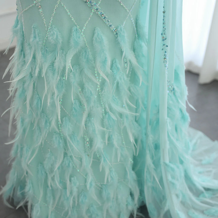 Feather Turquoise Aqua One Shoulder Mermaid Evening Dress with Cape SS498