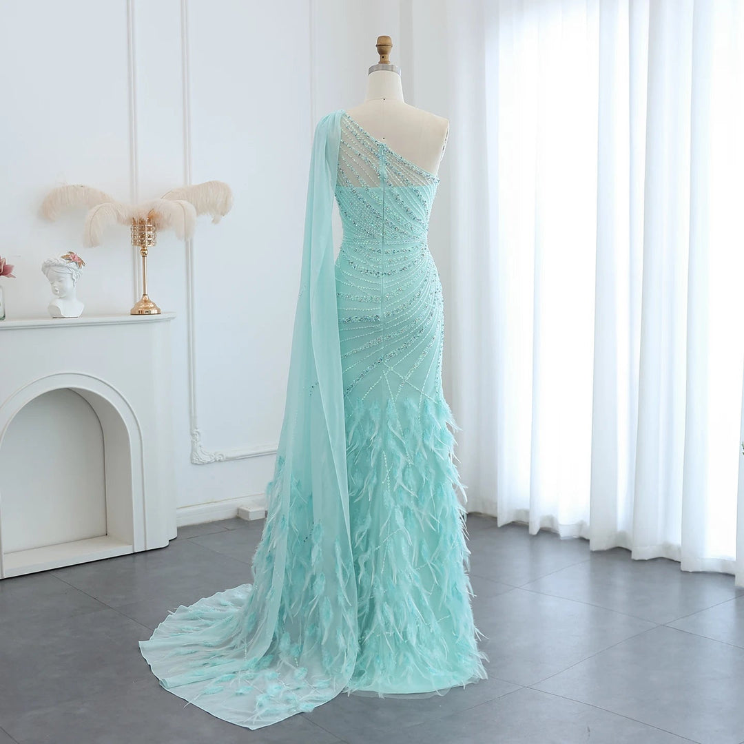 open lace back dress Dreamy Vow Luxus Feder Türkis Aqua Ein Schulter Meerjungfrau Abendkleid Mit Cape Schleppe Lange Ball Hochzeit Party Kleider SS498