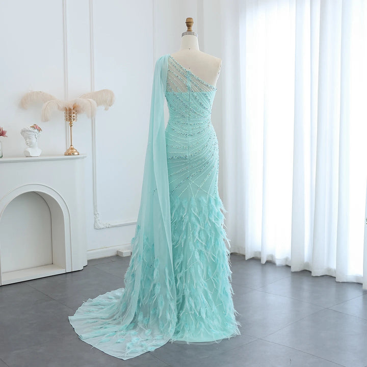 Feather Turquoise Aqua One Shoulder Mermaid Evening Dress with Cape SS498