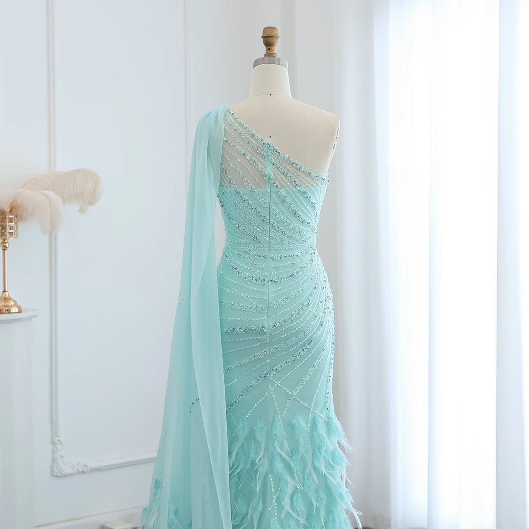 Feather Turquoise Aqua One Shoulder Mermaid Evening Dress with Cape SS498