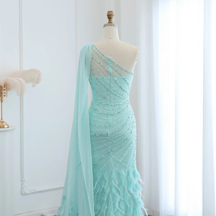 Feather Turquoise Aqua One Shoulder Mermaid Evening Dress with Cape SS498