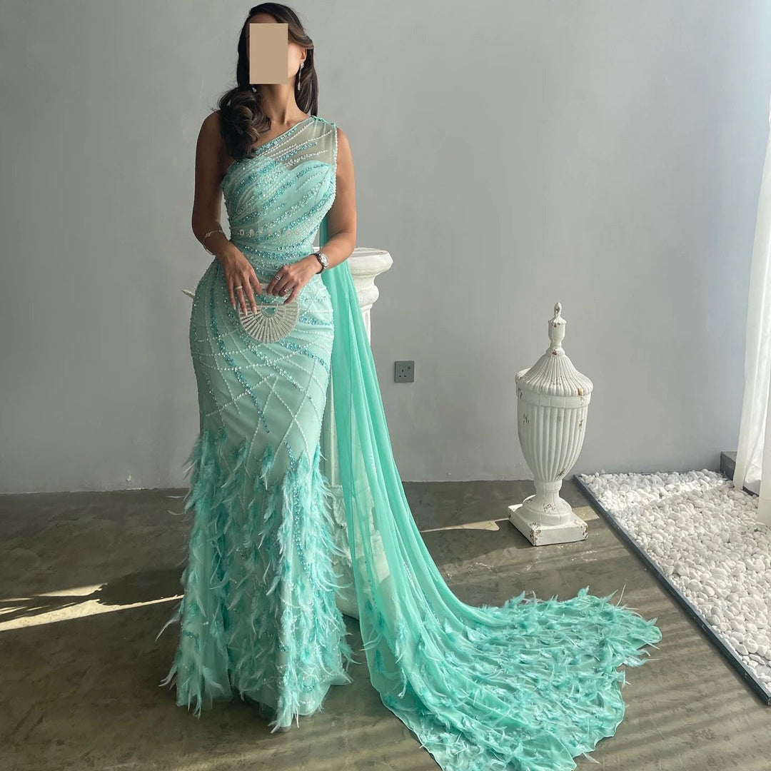 Feather Turquoise Aqua One Shoulder Mermaid Evening Dress with Cape SS498