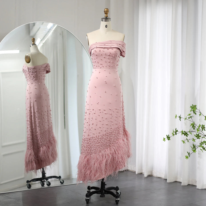 Feathers Dubai Pink Mermaid Evening Dress for Women Wedding SS388