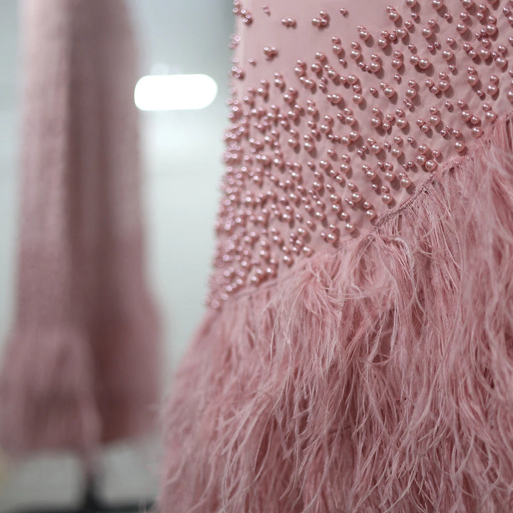 Feathers Dubai Pink Mermaid Evening Dress for Women Wedding SS388