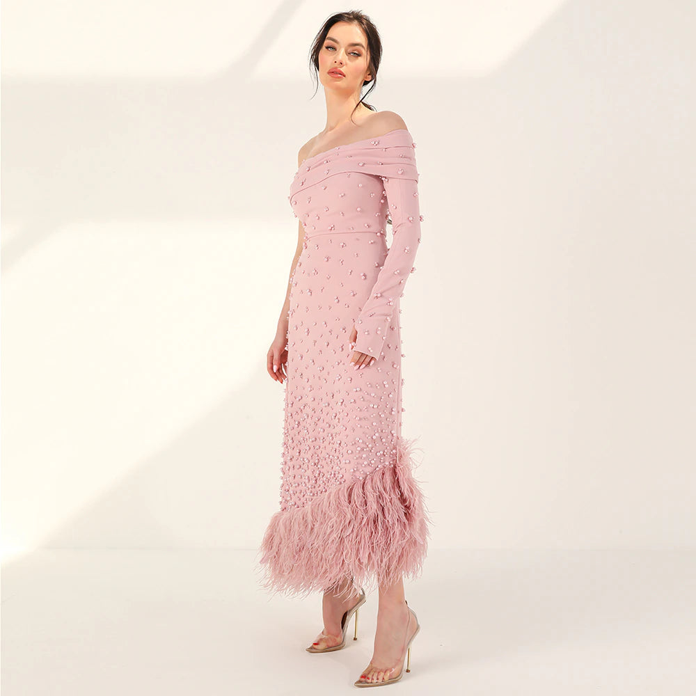 Feathers Dubai Pink Mermaid Evening Dress for Women Wedding SS388