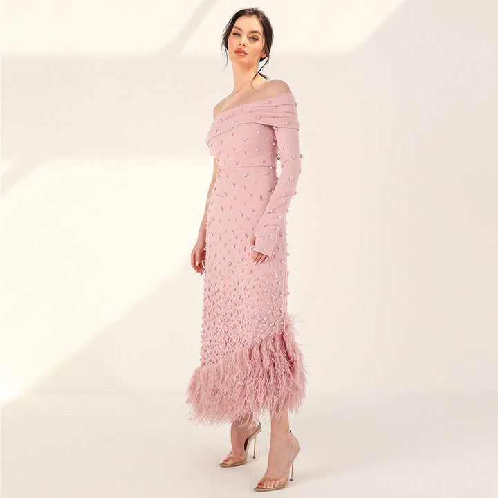 Feathers Dubai Pink Mermaid Evening Dress for Women Wedding SS388