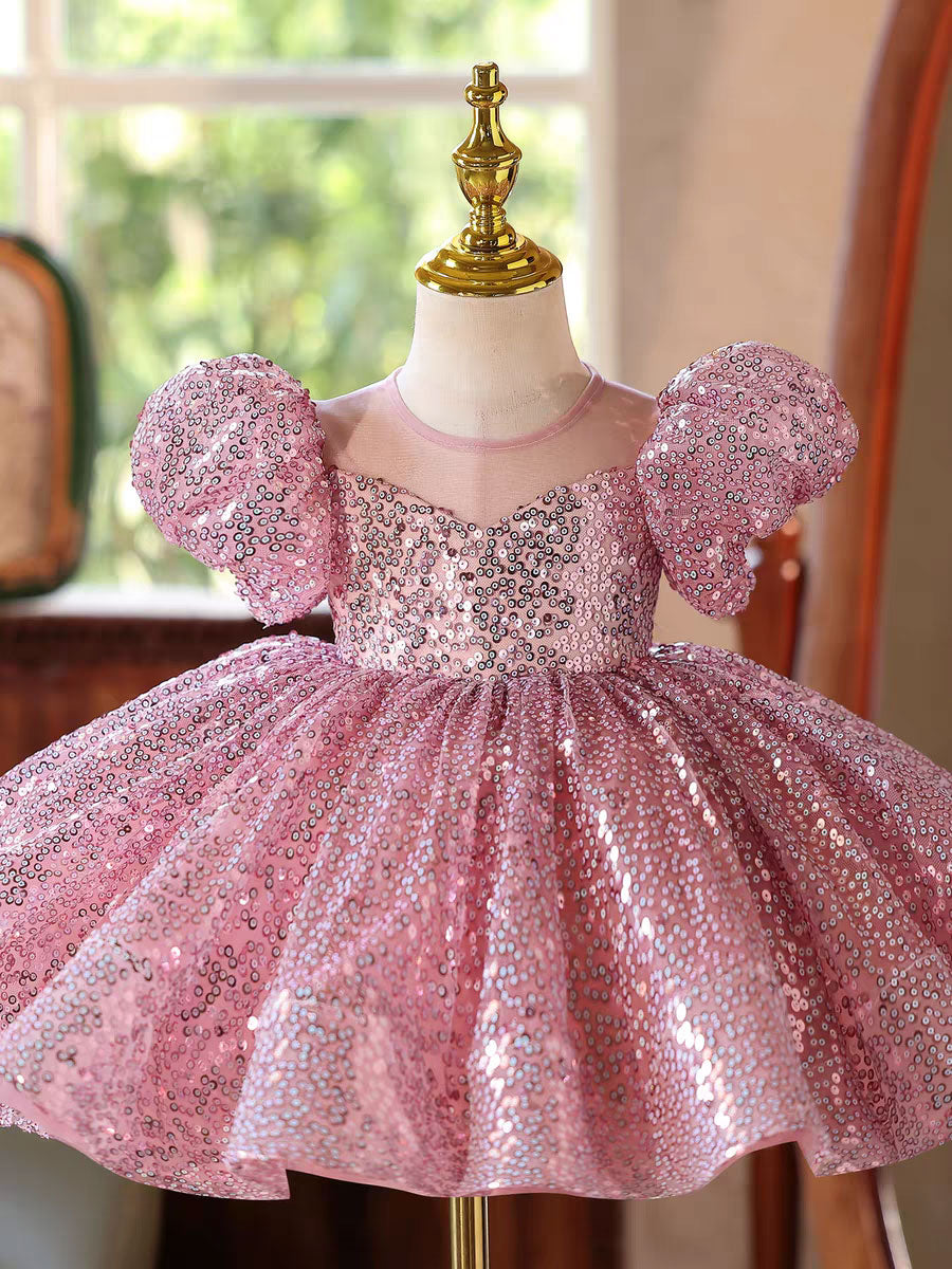 Sparkly Pink Sequin Flower Girl Dress Princess Birthday Party Gown D187