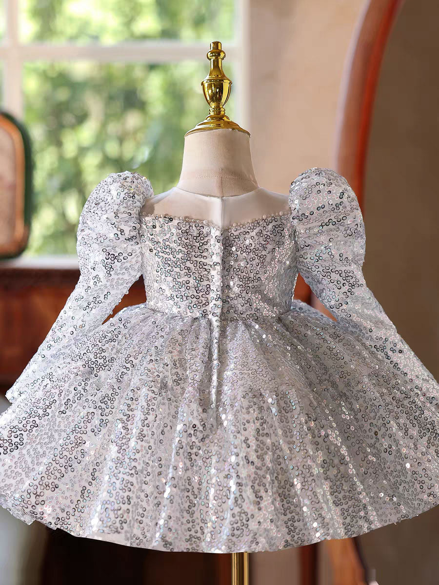 Luxury Silver Sequin Girl Dress Princess Birthday Party Gown D185 DreamyVow Luxury Silver Sequin Girl Dress Princess Birthday Party Gown D185 DreamyVow