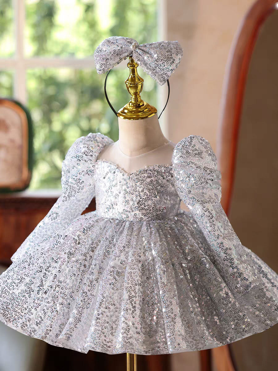 Luxury Silver Sequin Girl Dress Princess Birthday Party Gown D185 DreamyVow Luxury Silver Sequin Girl Dress Princess Birthday Party Gown D185 DreamyVow