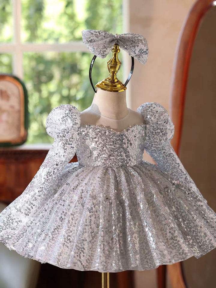 Luxury Silver Sequin Girl Dress Princess Birthday Party Gown D185