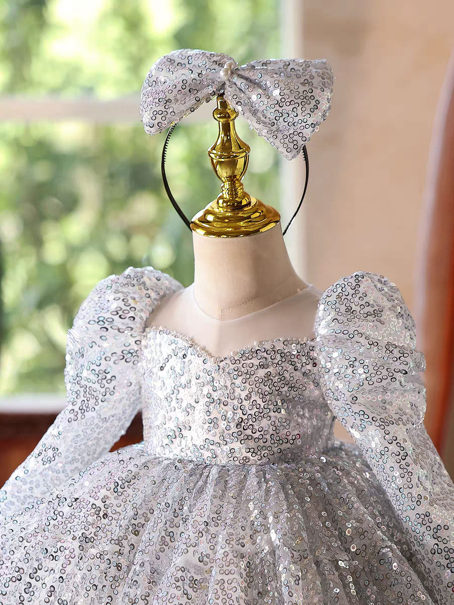 silver birthday dress Luxury Silver Sequin Girl Dress Princess Birthday Party Gown D185 – DreamyVow