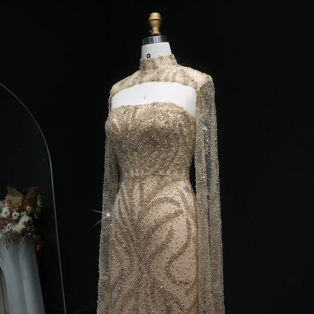Glamorous Beaded Evening Dress with Flowing Cape Sleeves SS663-DreamyVow