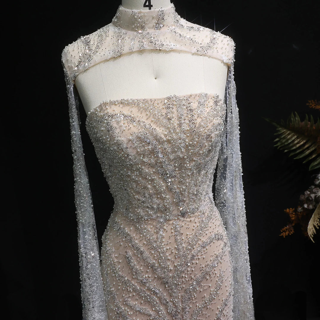 Glamorous Beaded Evening Dress with Flowing Cape Sleeves SS663-DreamyVow