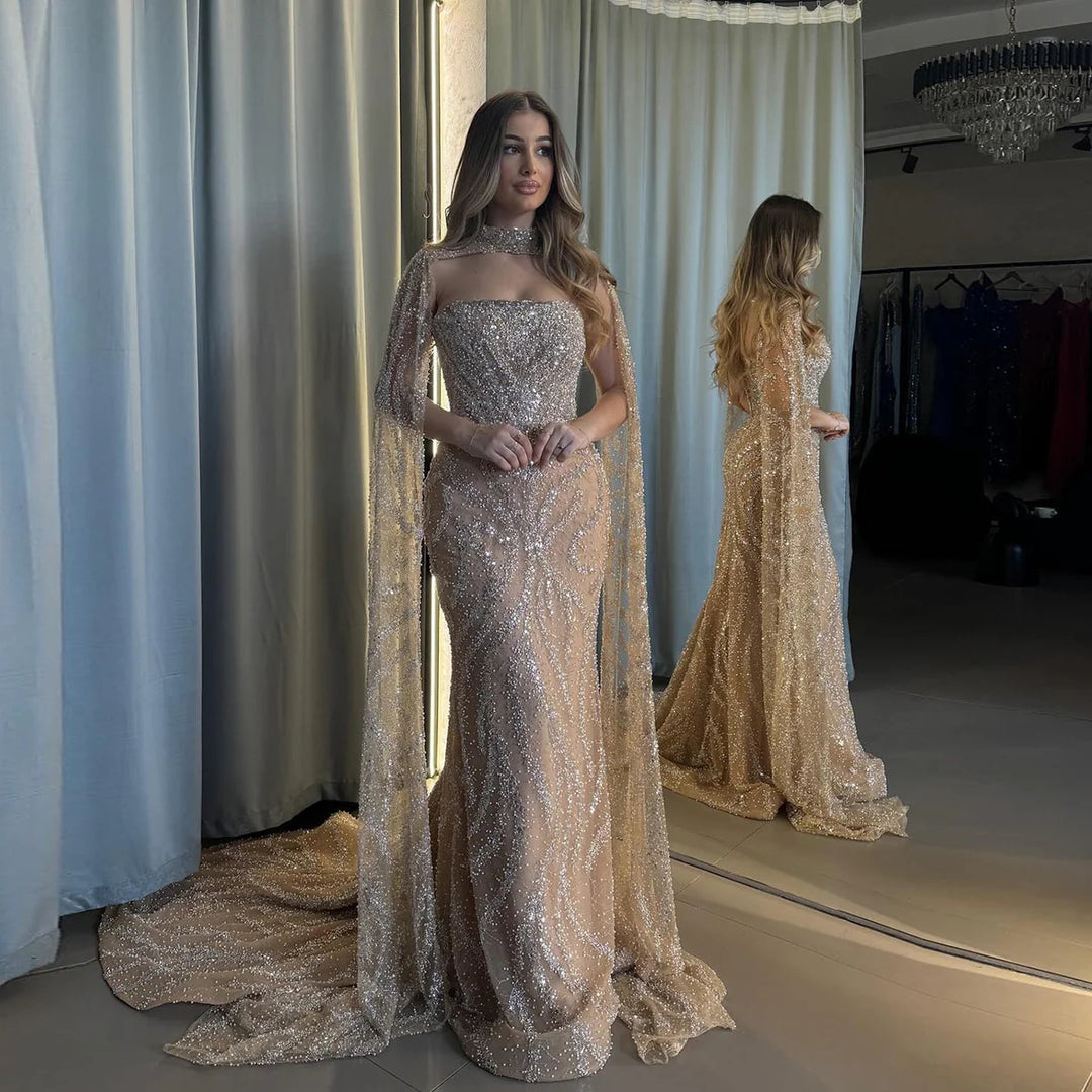 Glamorous Beaded Evening Dress with Flowing Cape Sleeves SS663-DreamyVow