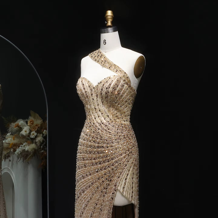 Glamorous Champagne Crystal Evening Dress with High Slit SS084