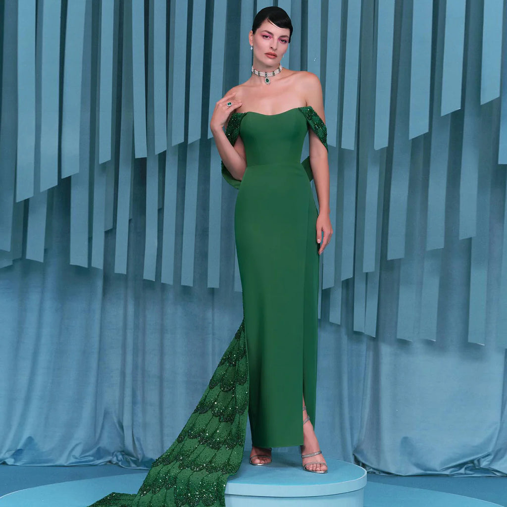Glamorous Emerald Beaded Prom Dress with Detachable Overskirt SS645