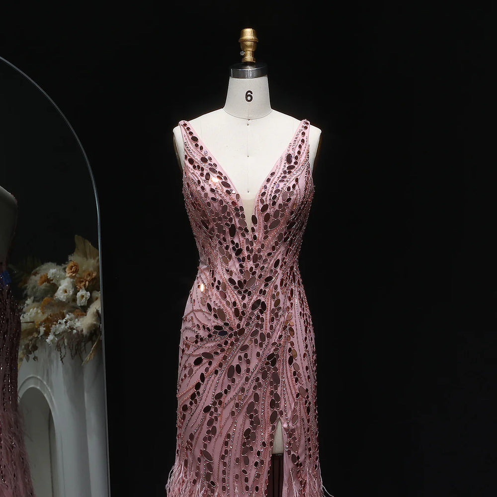 Glamorous Feather Beaded Evening Dress with High Slit SS066-DreamyVow