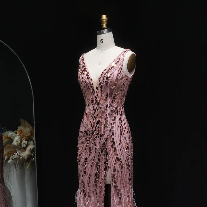 Glamorous Feather Beaded Evening Dress with High Slit SS066-DreamyVow