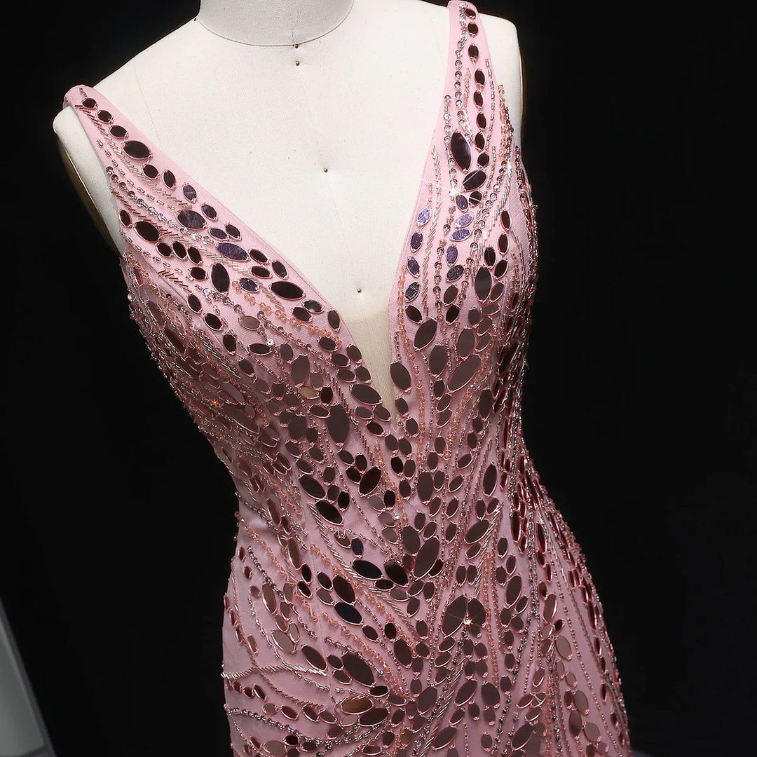 Glamorous Feather Beaded Evening Dress with High Slit SS066-DreamyVow