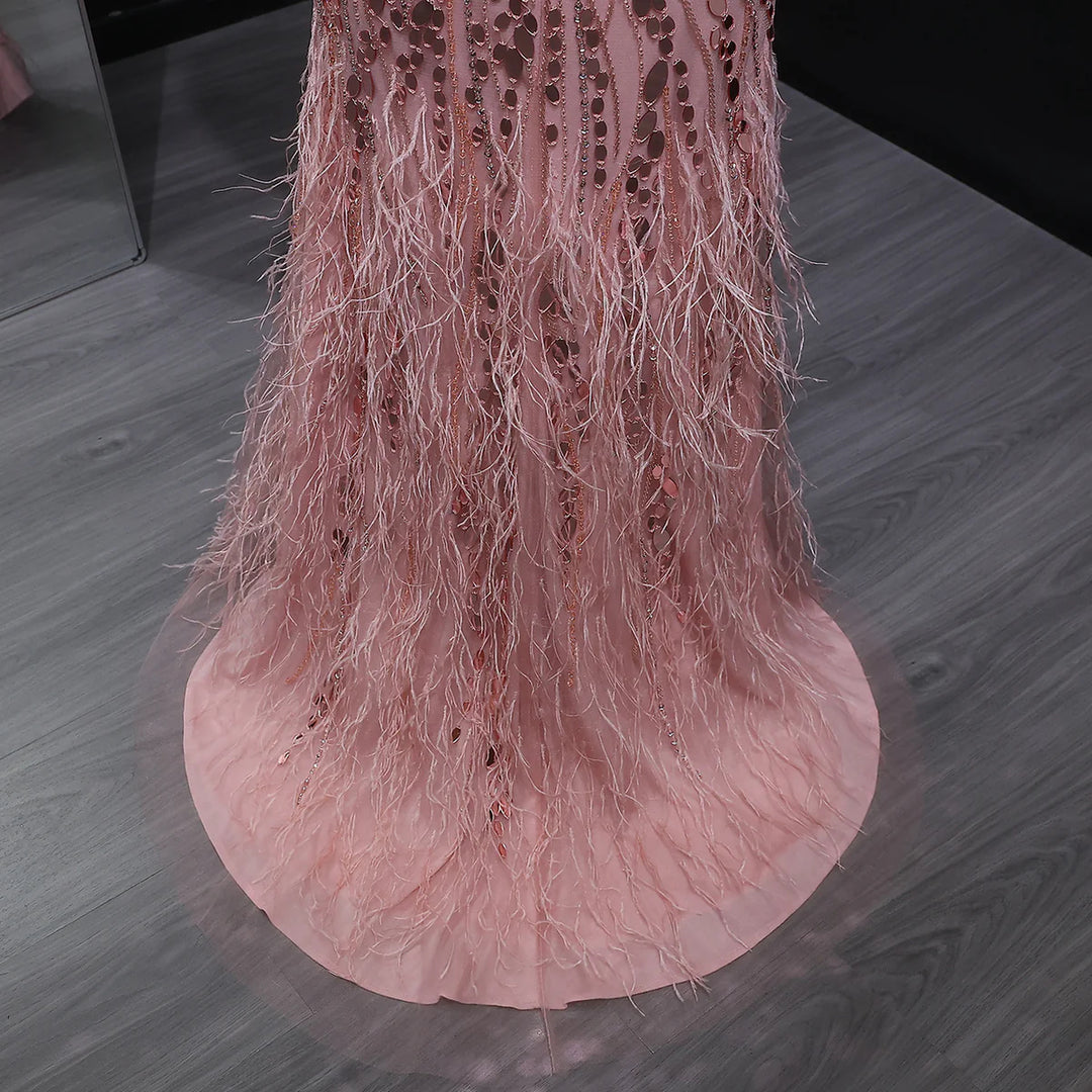 Glamorous Feather Beaded Evening Dress with High Slit SS066-DreamyVow