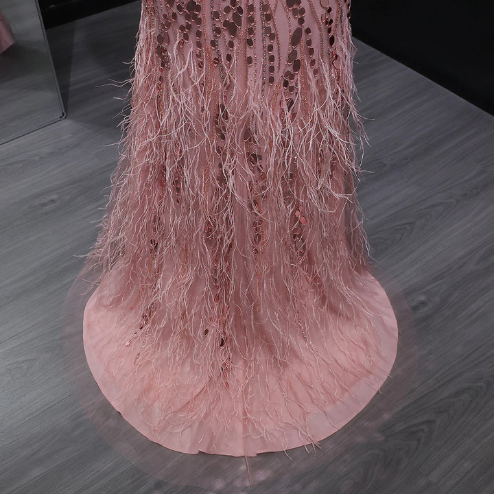 Glamorous Feather Beaded Evening Dress with High Slit SS066-DreamyVow