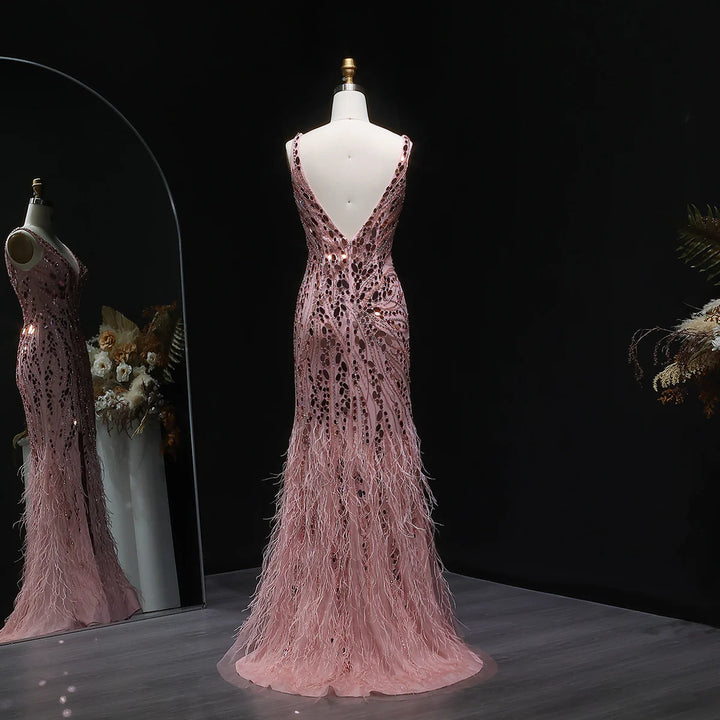 Glamorous Feather Beaded Evening Dress with High Slit SS066-DreamyVow