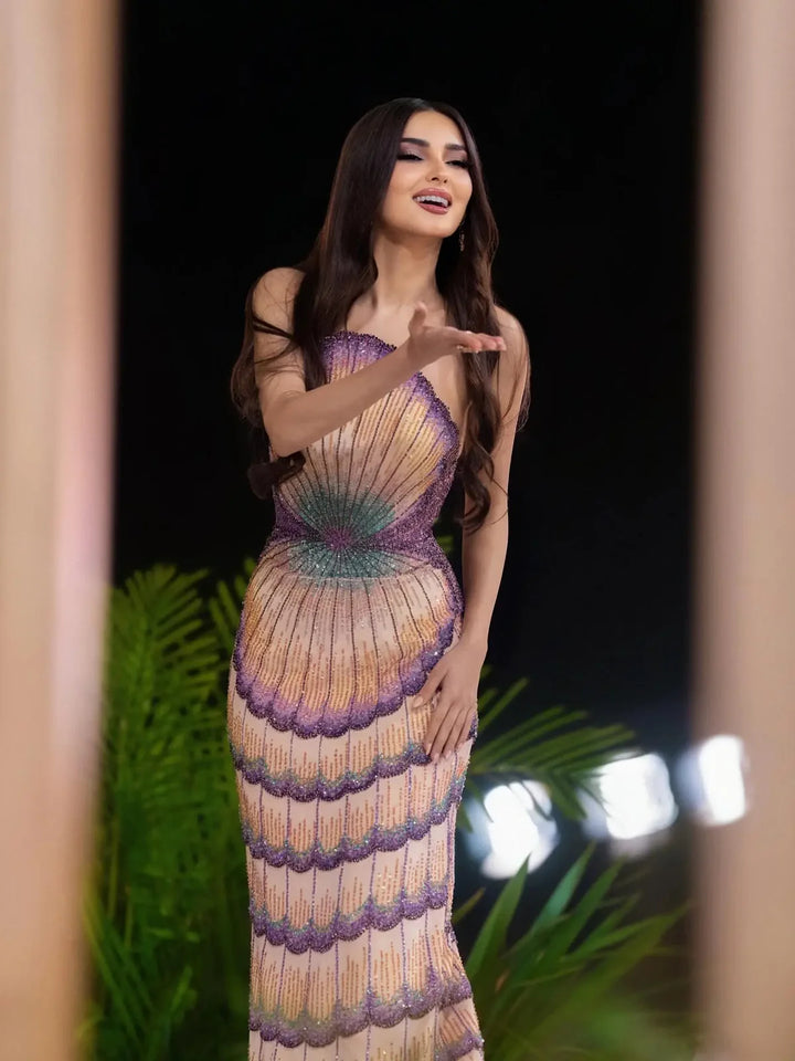 Glamorous Mixed Purple Beaded with Train Evening Dress SS656-DreamyVow