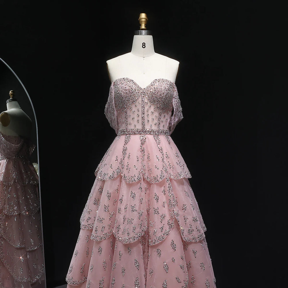 Glamorous Pink Strapless Sequin Layered Tulle Evening Dress SS612-DreamyVow