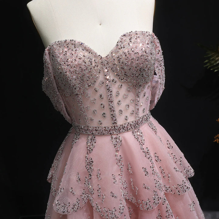 Glamorous Pink Strapless Sequin Layered Tulle Evening Dress SS612-DreamyVow